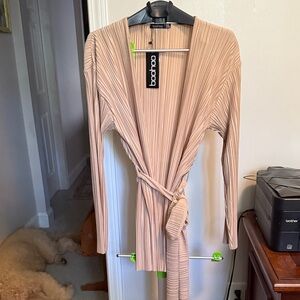 Boohoo Beige Pleated Belted Dress